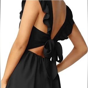 ‼️SOLD‼️#28 Womens Black Square Neck Tie Back Ruffle Midi Dress With Pockets!